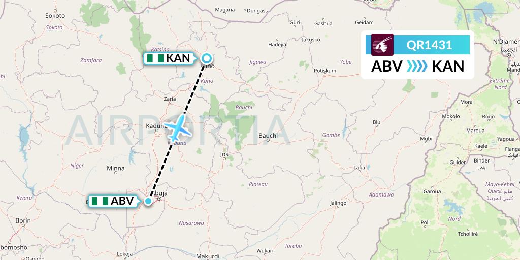 QR1431 Qatar Airways Flight Map: Abuja to Kano