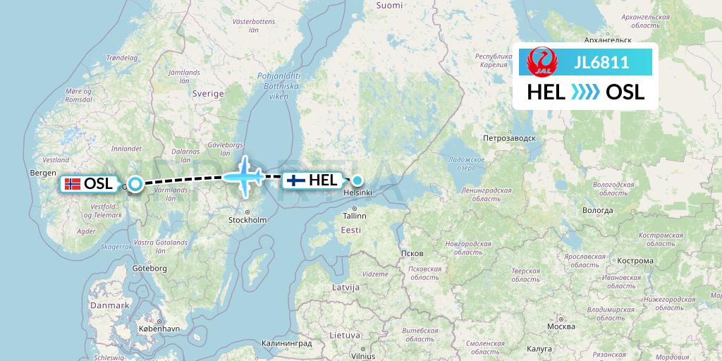 JL6811 Japan Airlines Flight Map: Helsinki to Oslo