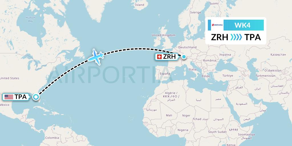 WK4 Edelweiss Air Flight Map: Zurich to Tampa