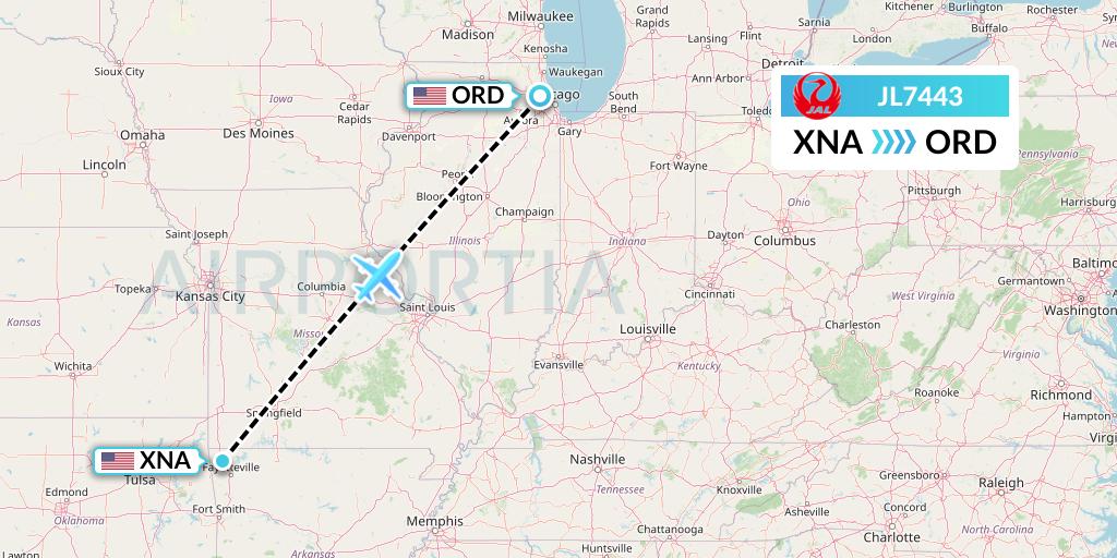 JL7443 Japan Airlines Flight Map: Bentonville to Chicago