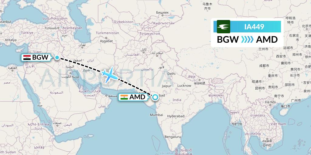 IA449 Iraqi Airways Flight Map: Baghdad to Ahmedabad