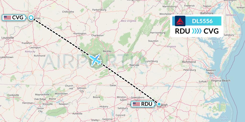 DL5556 Delta Air Lines Flight Map: Raleigh-Durham to Cincinnati