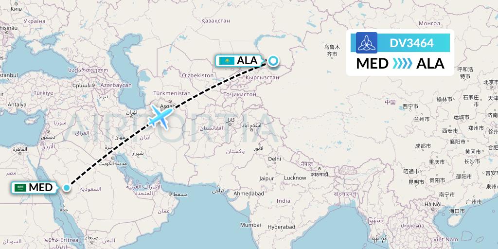 DV3464 SCAT Flight Map: Medina to Almaty