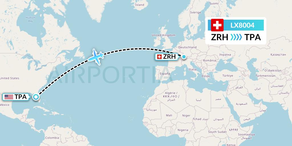 LX8004 Swiss Flight Map: Zurich to Tampa
