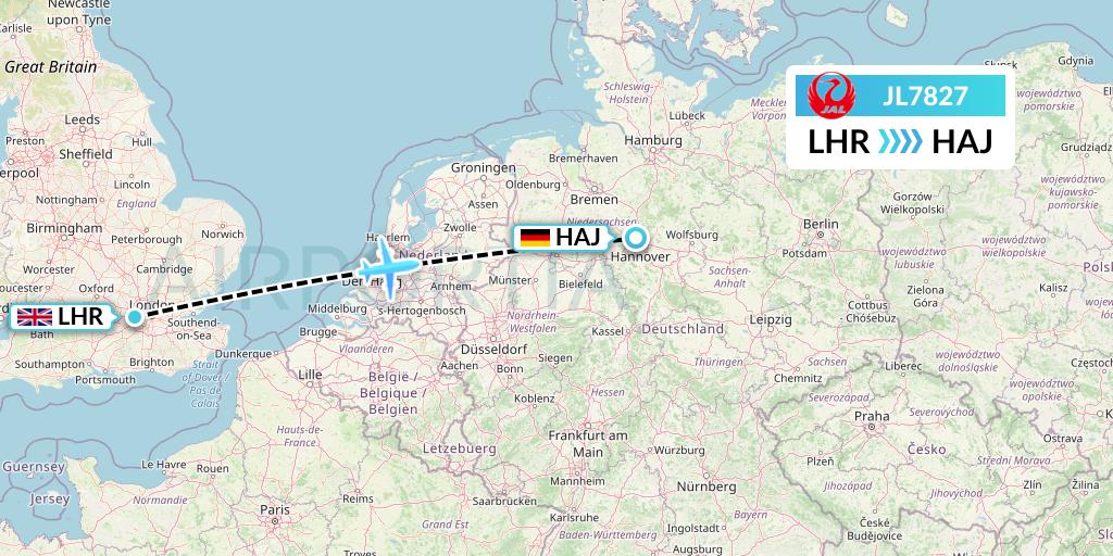 JL7827 Japan Airlines Flight Map: London to Hannover