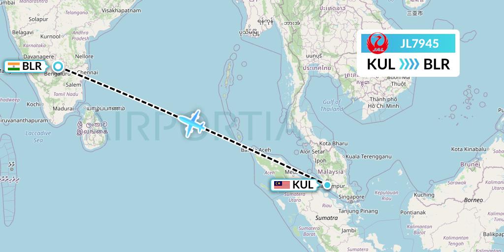 JL7945 Japan Airlines Flight Map: Kuala Lumpur to Bangalore