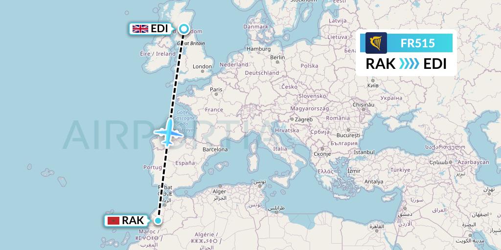 FR515 Ryanair Flight Map: Marrakesh to Edinburgh