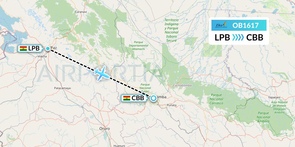 OB1617 Boliviana de Aviacion Flight Map: La Paz to Cochabamba
