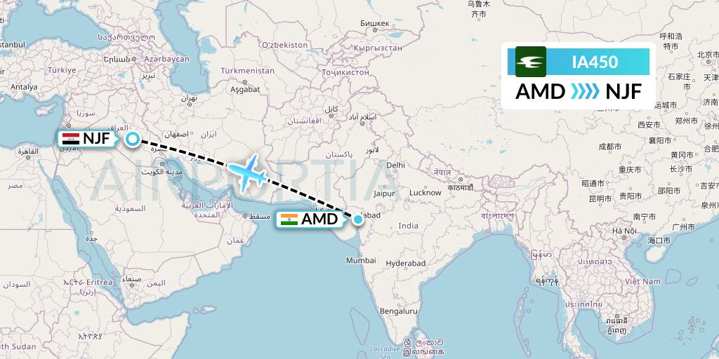IA450 Iraqi Airways Flight Map: Ahmedabad to Najaf