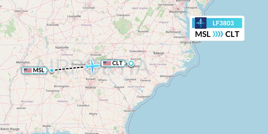 LF3803 Corporate Flight Management Flight Map: Muscle Shoals to Charlotte