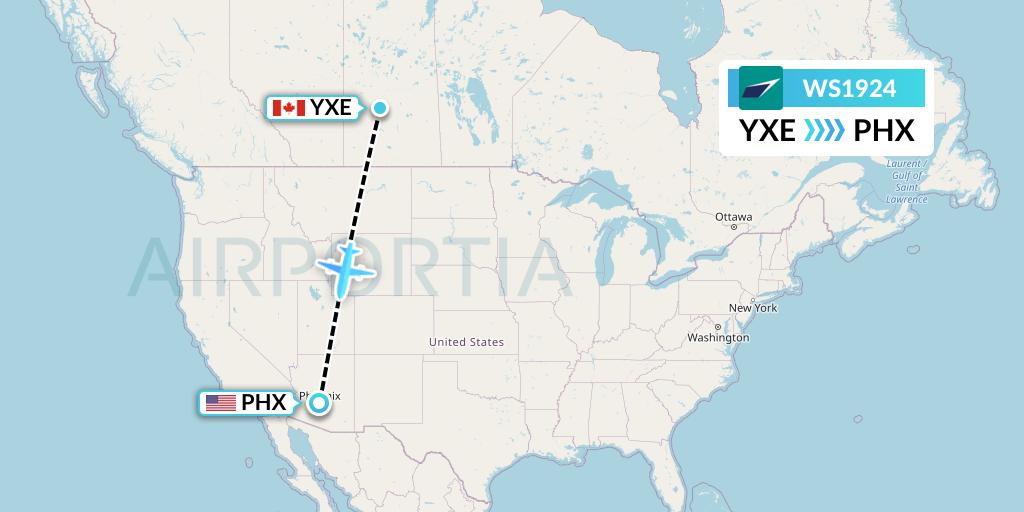 WS1924 WestJet Flight Map: Saskatoon to Phoenix