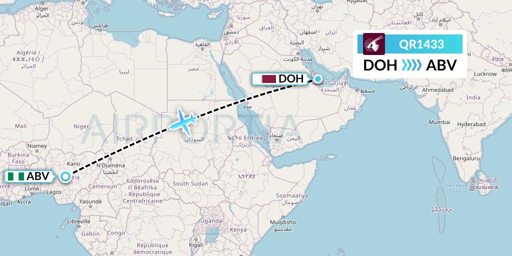 QR1433 Qatar Airways Flight Map: Doha to Abuja