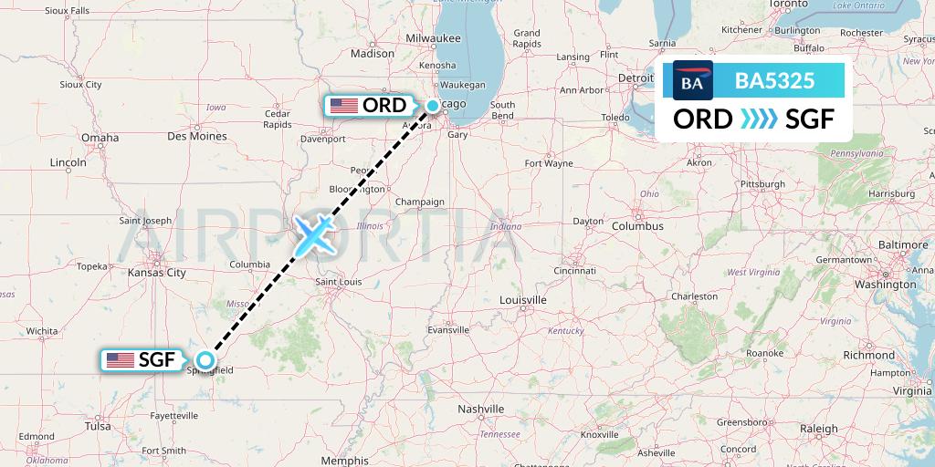 BA5325 British Airways Flight Map: Chicago to Springfield