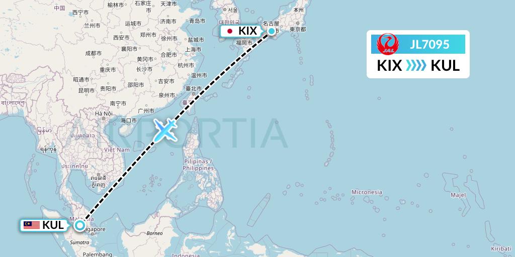 JL7095 Japan Airlines Flight Map: Osaka to Kuala Lumpur