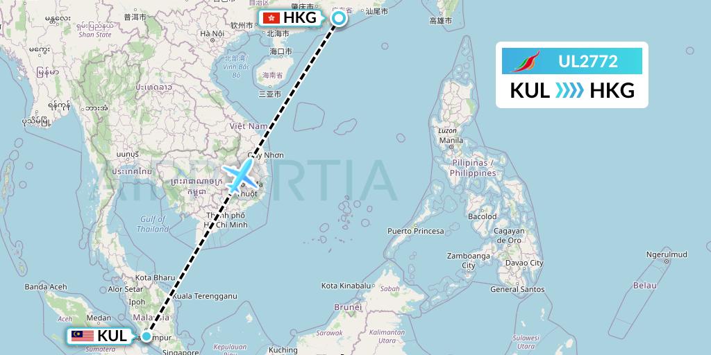 UL2772 SriLankan Airlines Flight Map: Kuala Lumpur to Hong Kong
