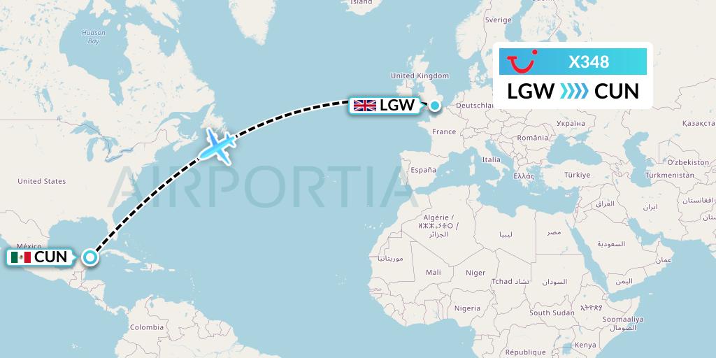 X348 TUI fly Germany Flight Map: London to Cancun
