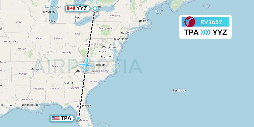 RV1657 Air Canada Rouge Flight Map: Tampa to Toronto