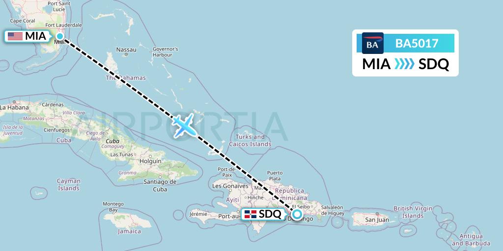 BA5017 British Airways Flight Map: Miami to Santo Domingo