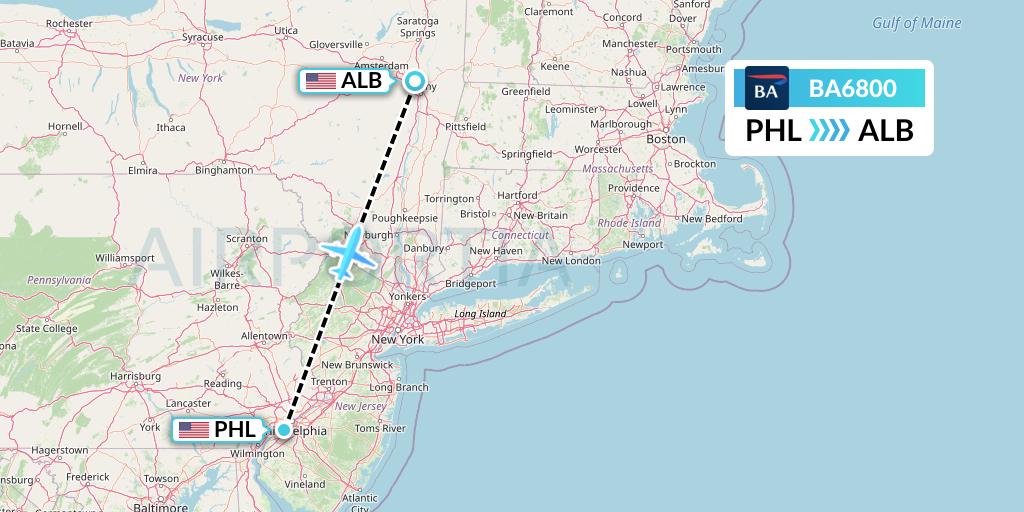 BA6800 British Airways Flight Map: Philadelphia to Albany