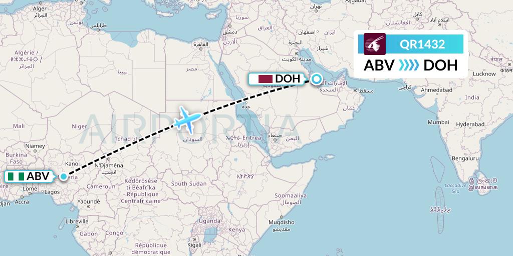 QR1432 Qatar Airways Flight Map: Abuja to Doha