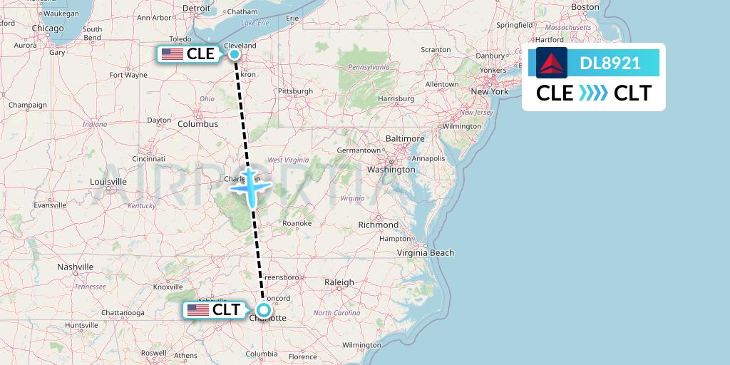 DL8921 Delta Air Lines Flight Map: Cleveland to Charlotte