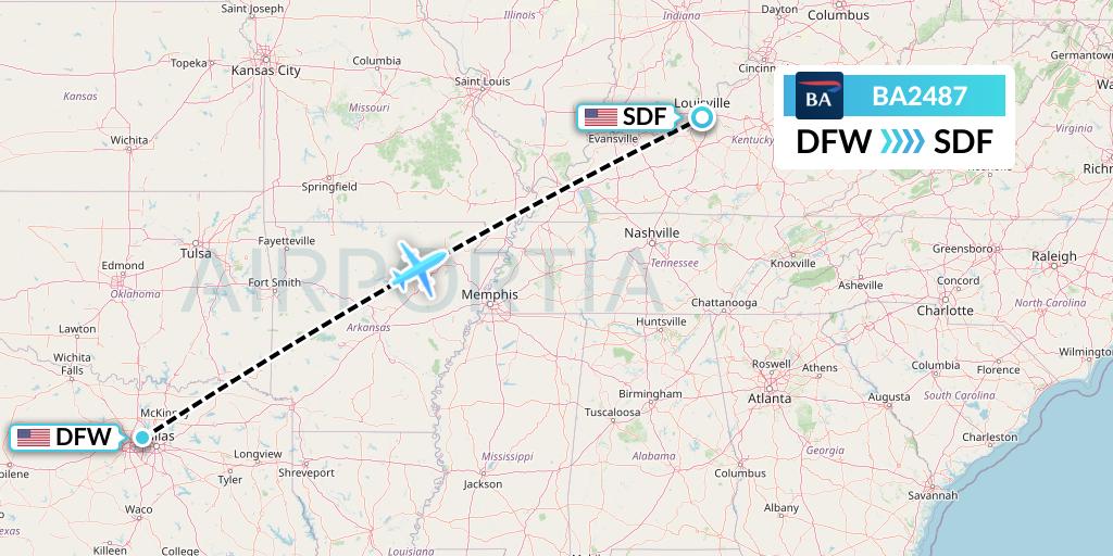BA2487 British Airways Flight Map: Dallas to Louisville