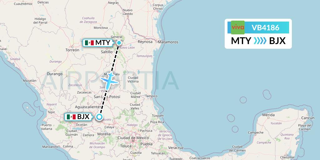 VB4186 VivaAerobus Flight Map: Monterrey to Silao