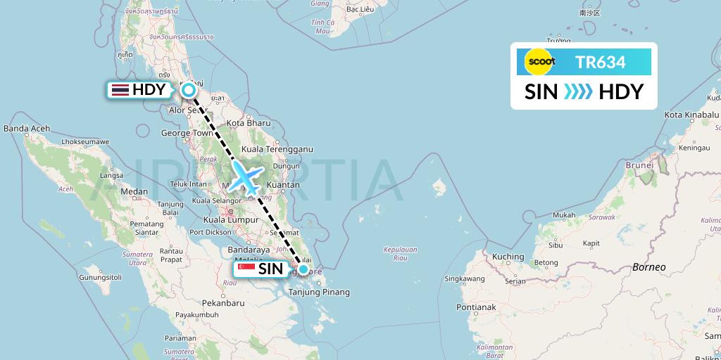 TR634 Tigerair Flight Map: Singapore to Hat Yai