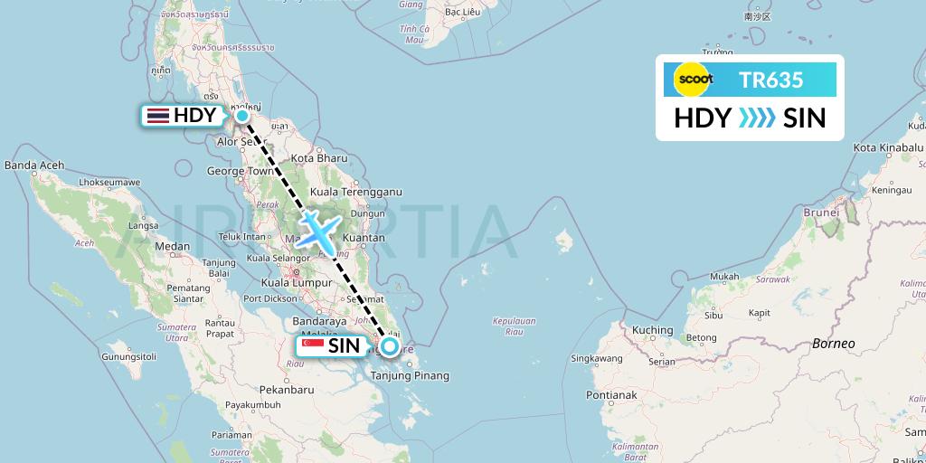 TR635 Tigerair Flight Map: Hat Yai to Singapore