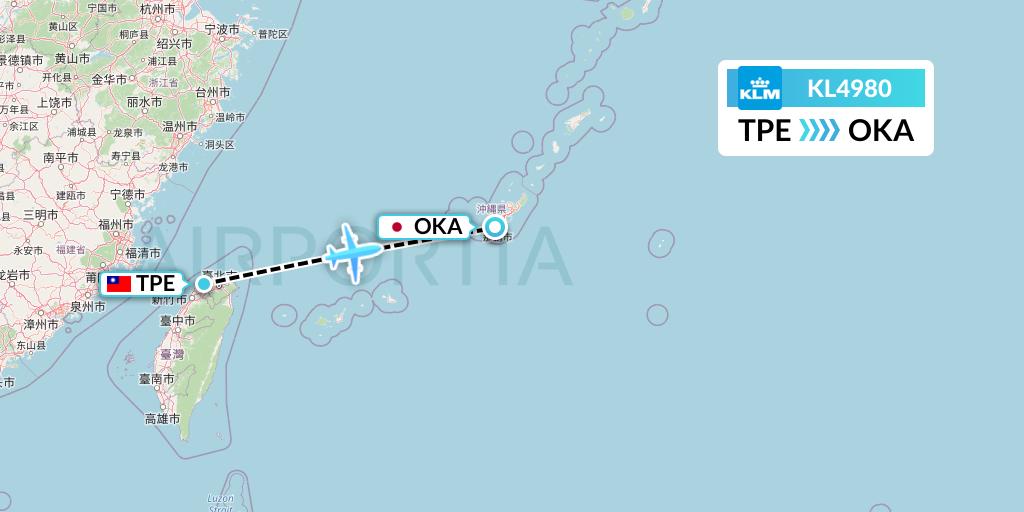KL4980 KLM Flight Map: Taipei to Naha