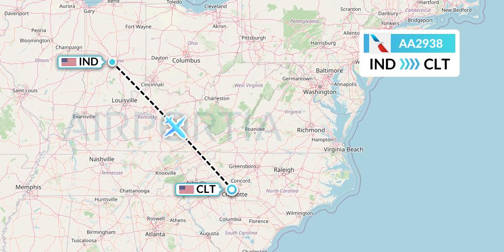 AA2938 American Airlines Flight Map: Indianapolis to Charlotte