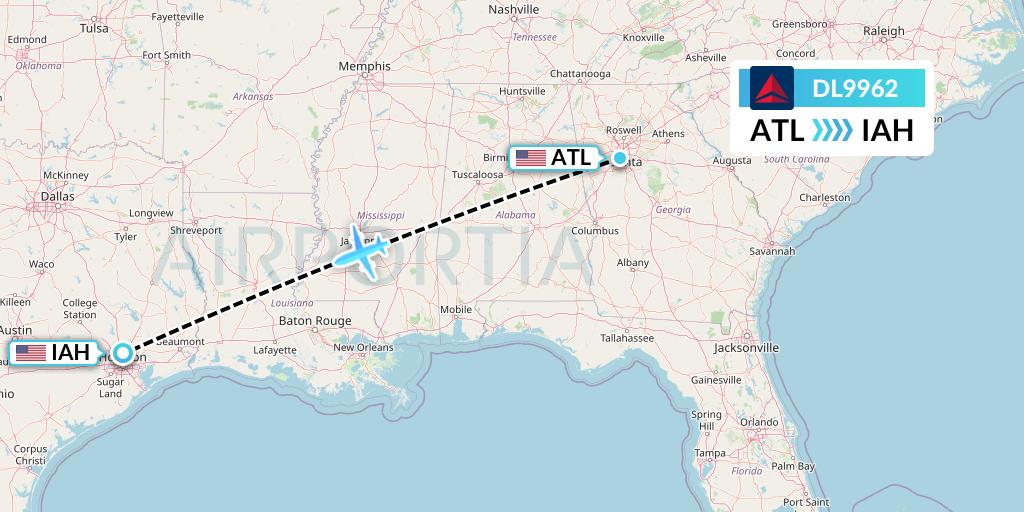 DL9962 Delta Air Lines Flight Map: Atlanta to Houston