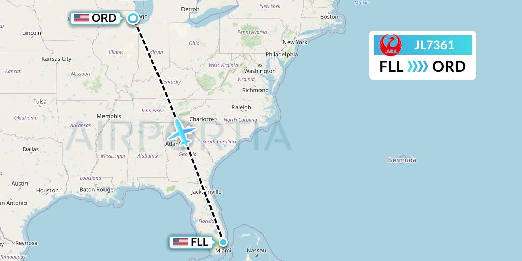 JL7361 Japan Airlines Flight Map: Fort Lauderdale to Chicago