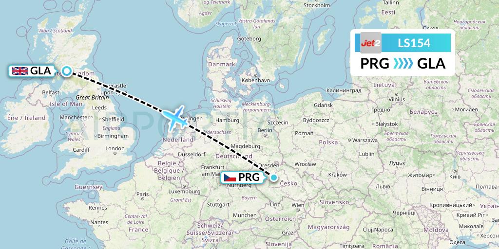 LS154 Jet2 Flight Map: Prague to Glasgow