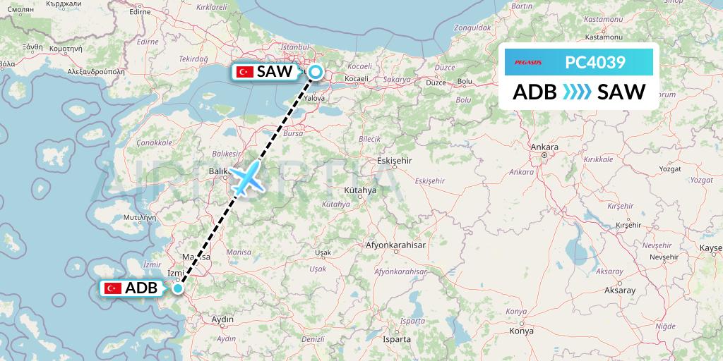 PC4039 Pegasus Airlines Flight Map: Izmir to Istanbul