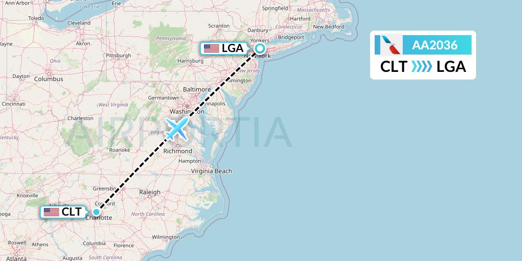 AA2036 American Airlines Flight Map: Charlotte to New York