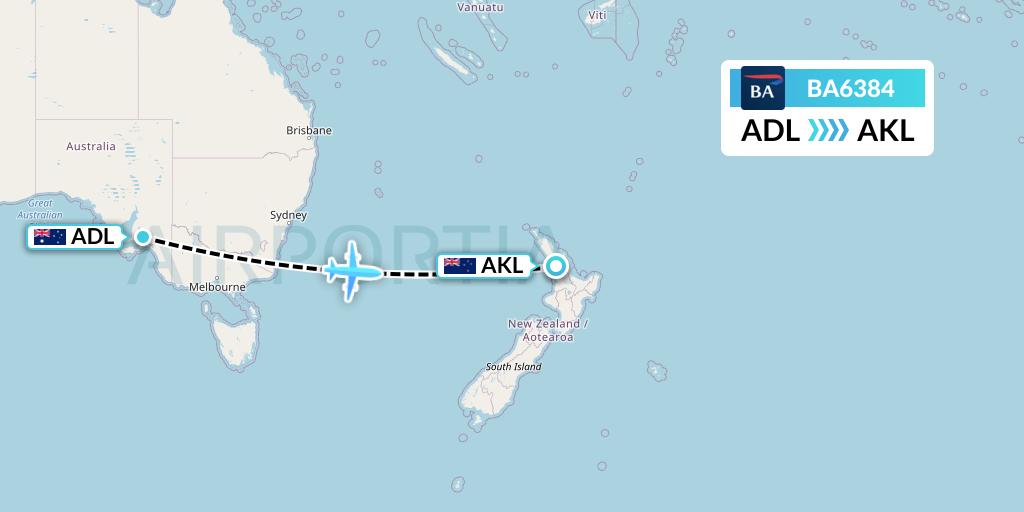 BA6384 British Airways Flight Map: Adelaide to Auckland