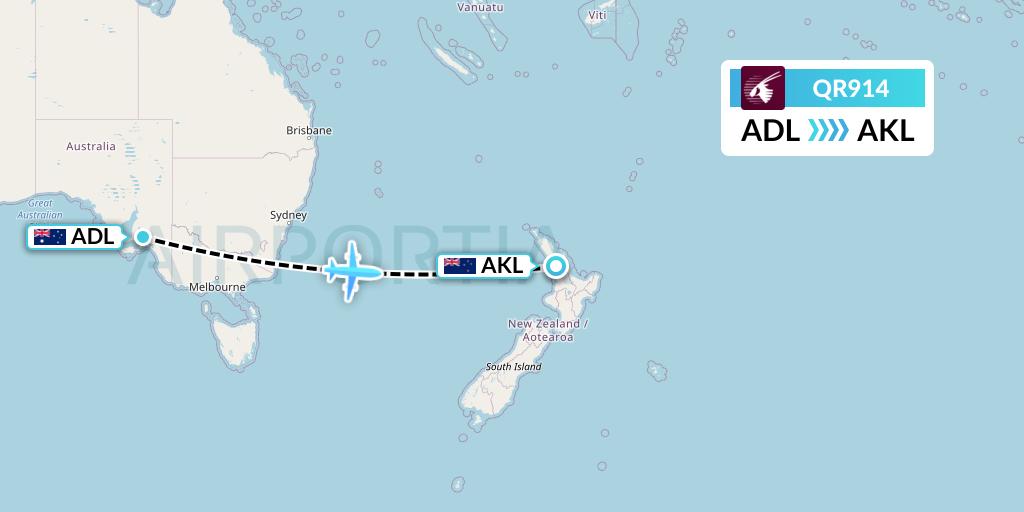 QR914 Qatar Airways Flight Map: Adelaide to Auckland