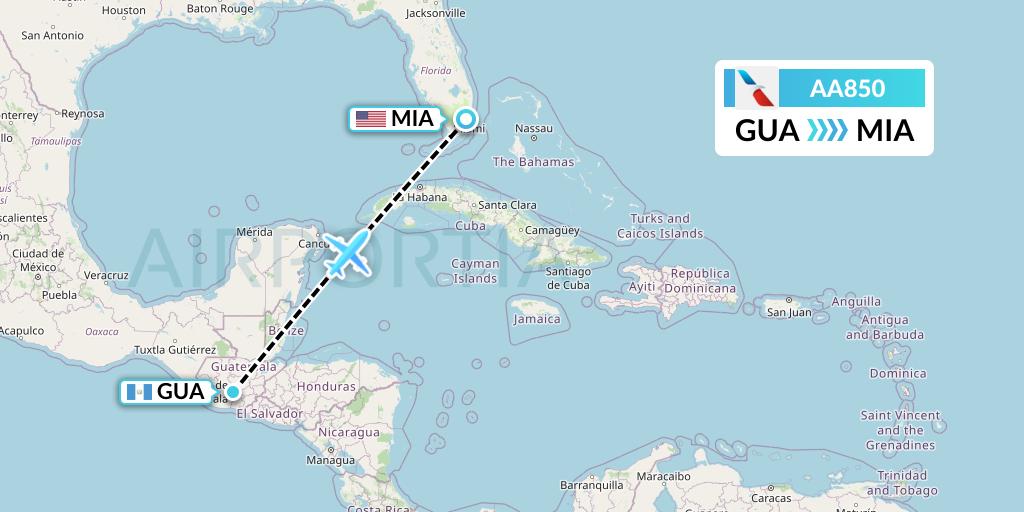 AA850 American Airlines Flight Map: Guatemala City to Miami