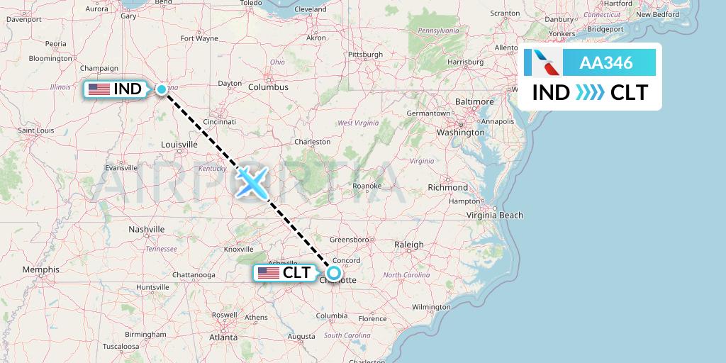 AA346 American Airlines Flight Map: Indianapolis to Charlotte