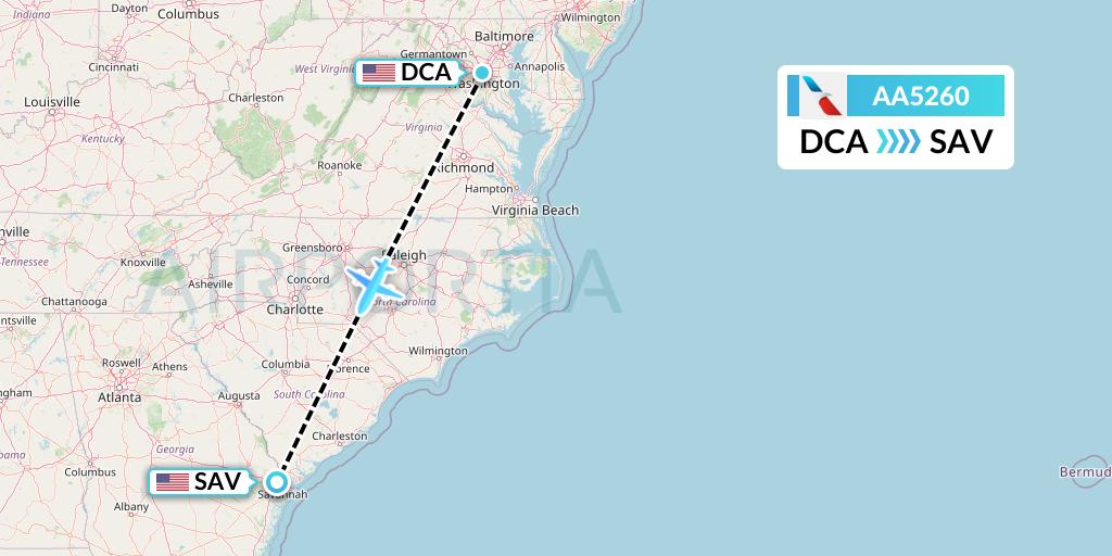 AA5260 American Airlines Flight Map: Washington to Savannah