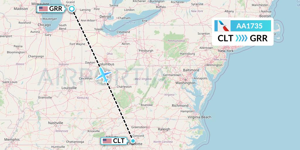 AA1735 American Airlines Flight Map: Charlotte to Grand Rapids