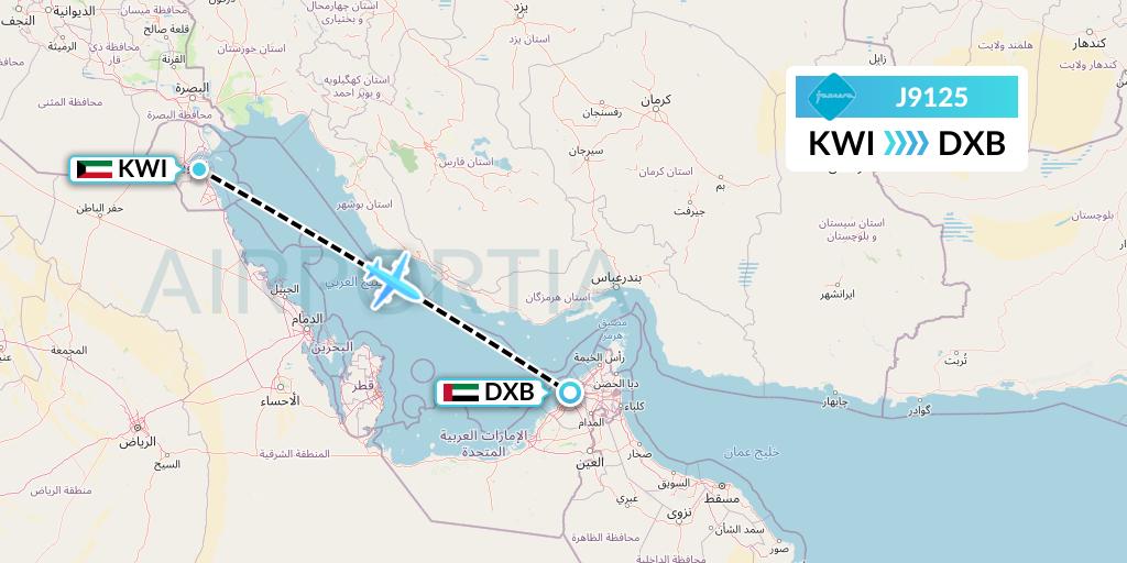 J9125 Jazeera Airways Flight Map: Kuwait City to Dubai