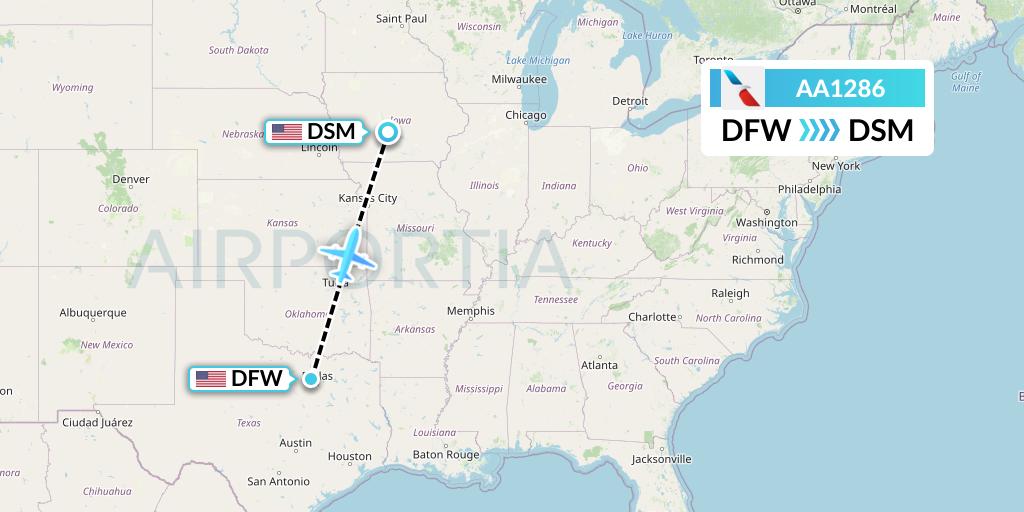 AA1286 American Airlines Flight Map: Dallas to Des Moines
