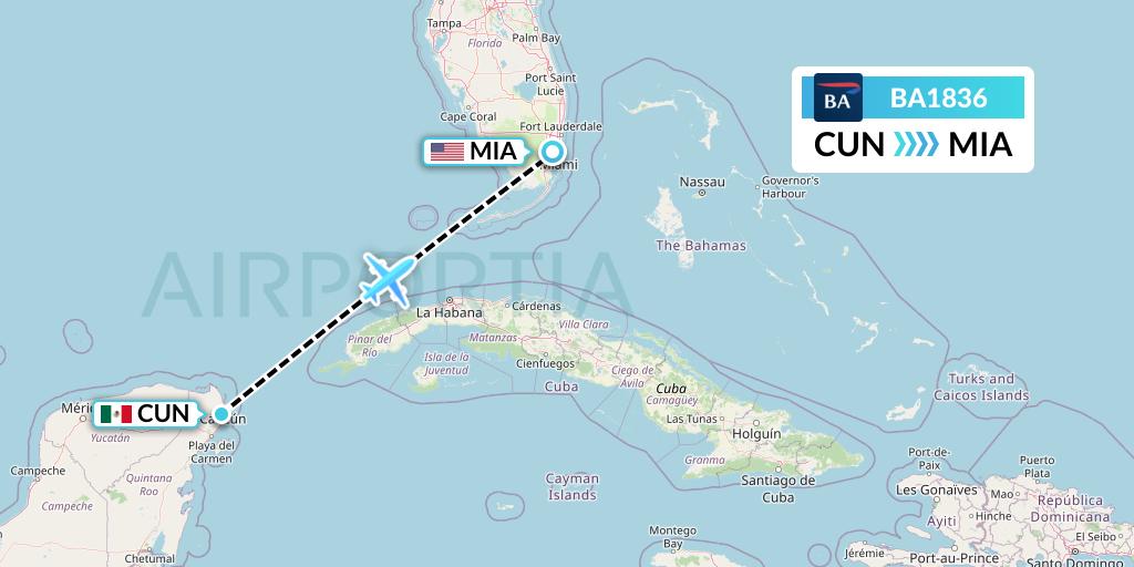 BA1836 British Airways Flight Map: Cancun to Miami