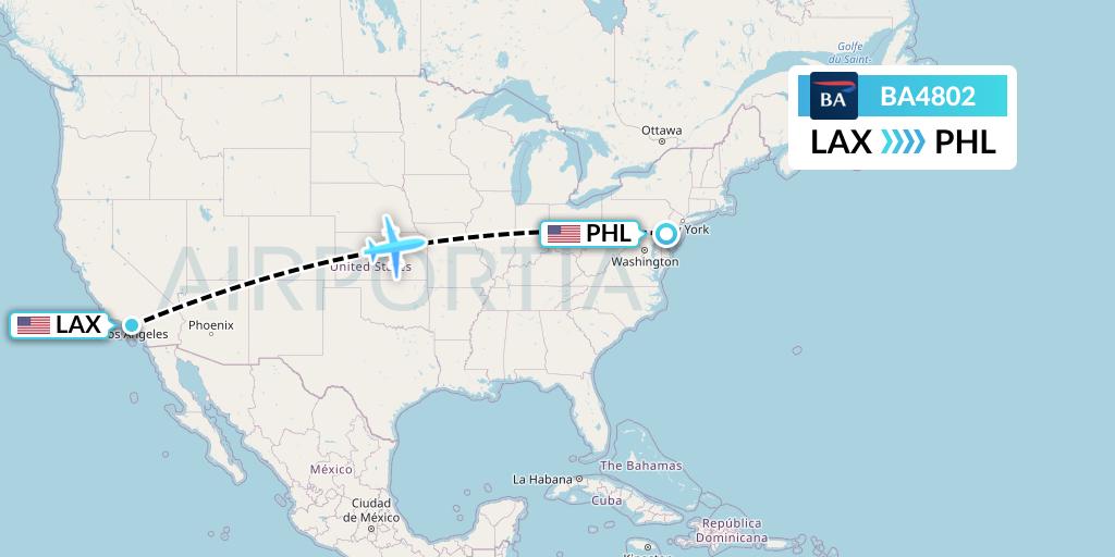 BA4802 British Airways Flight Map: Los Angeles to Philadelphia