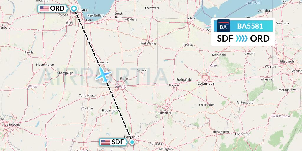 BA5581 British Airways Flight Map: Louisville to Chicago