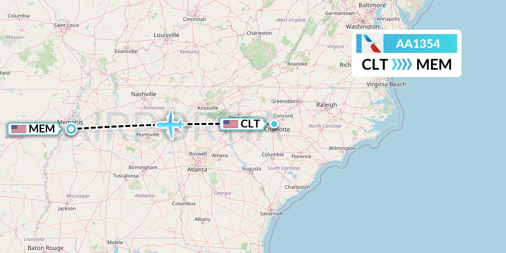 AA1354 American Airlines Flight Map: Charlotte to Memphis
