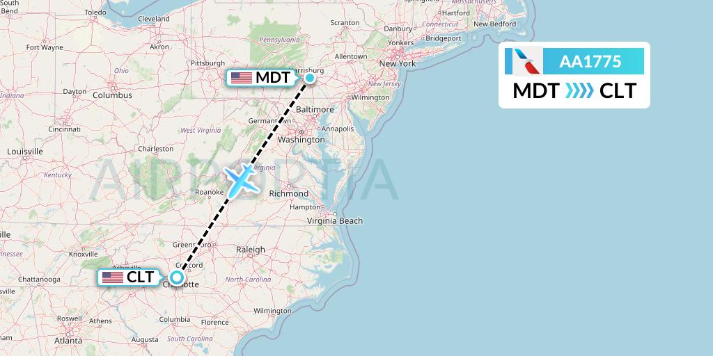 AA1775 American Airlines Flight Map: Harrisburg to Charlotte