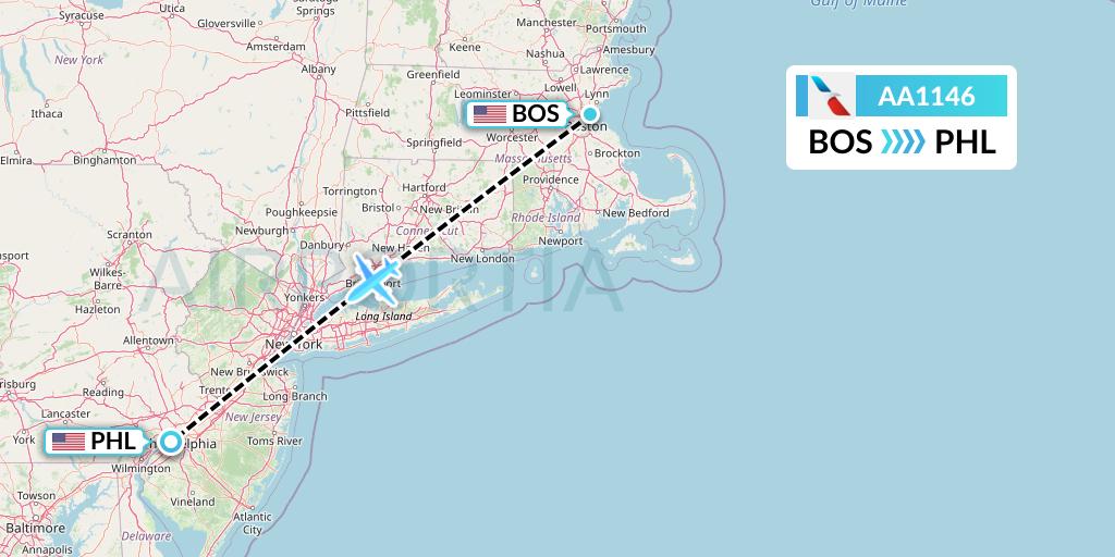AA1146 American Airlines Flight Map: Boston to Philadelphia